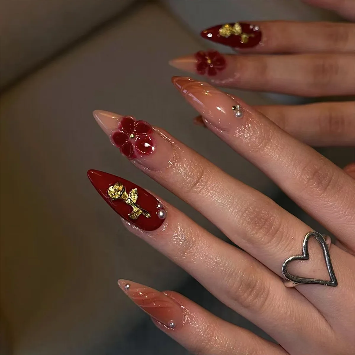 

24PCS Spice Girls Golden Roses Almond False Nails Wine Red Blush 3D Flowers French Fake Nails Sweet Cool Wearable Nails Press On