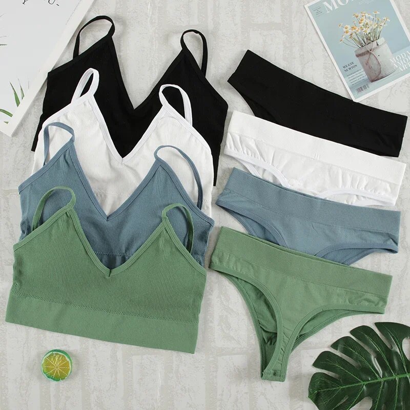  2Pcs Bra Set Underwear Set Women Panties Sexy G-String Seamless Bralette Female Lingerie Soft Tank Crop Top 