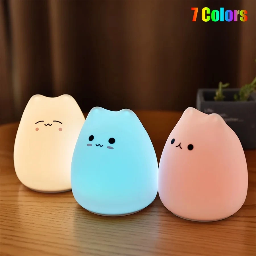 Cute Cat Night Light Cartoon 7 Colors Silicone Sleeping Lamp Touch Sensor Table Lamp for Home Bedroom Decoration for Baby Kids