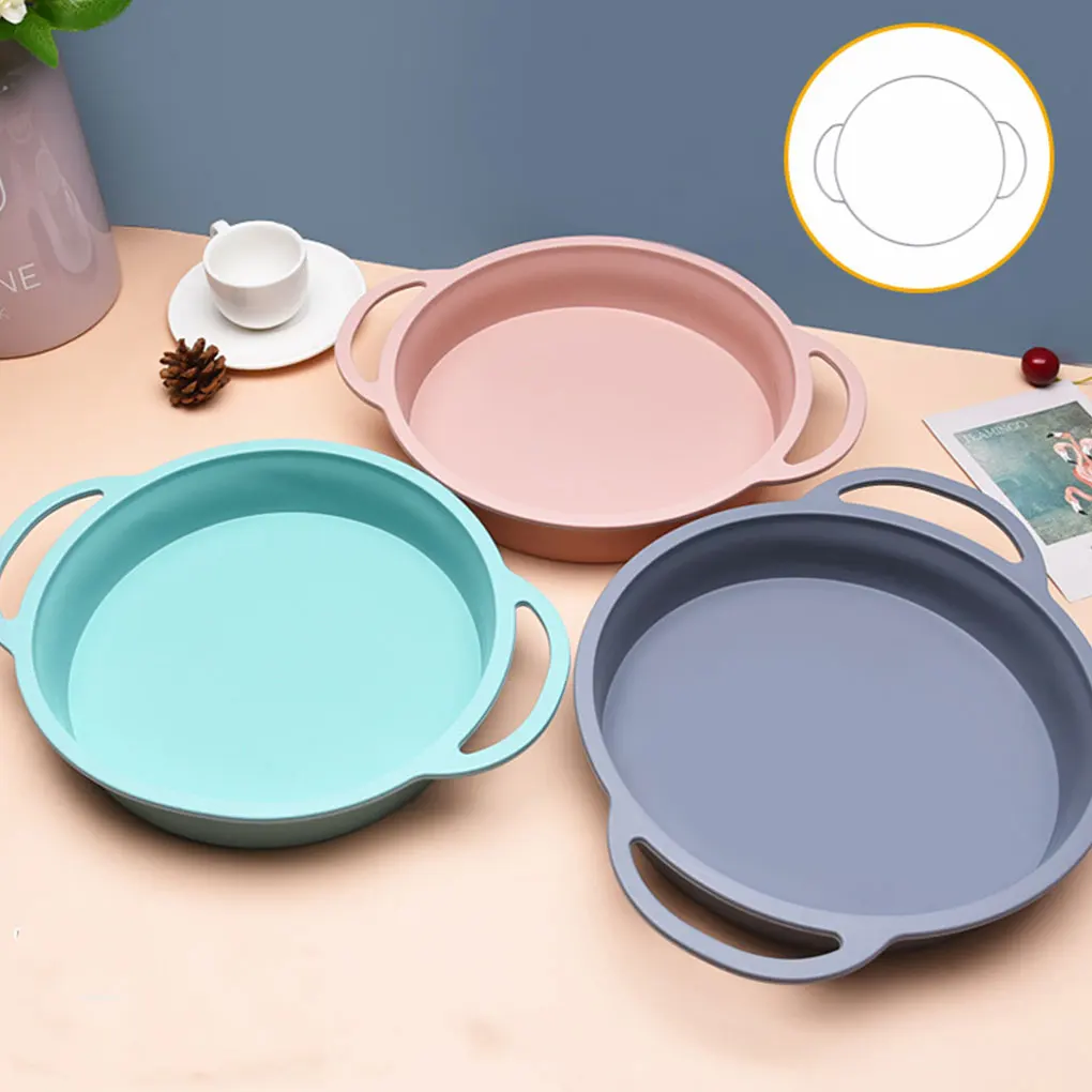 Loyang Cetakan Kue Silikon Anti Lengket dengan Pegangan Peralatan Memanggang Bulat Merah Muda