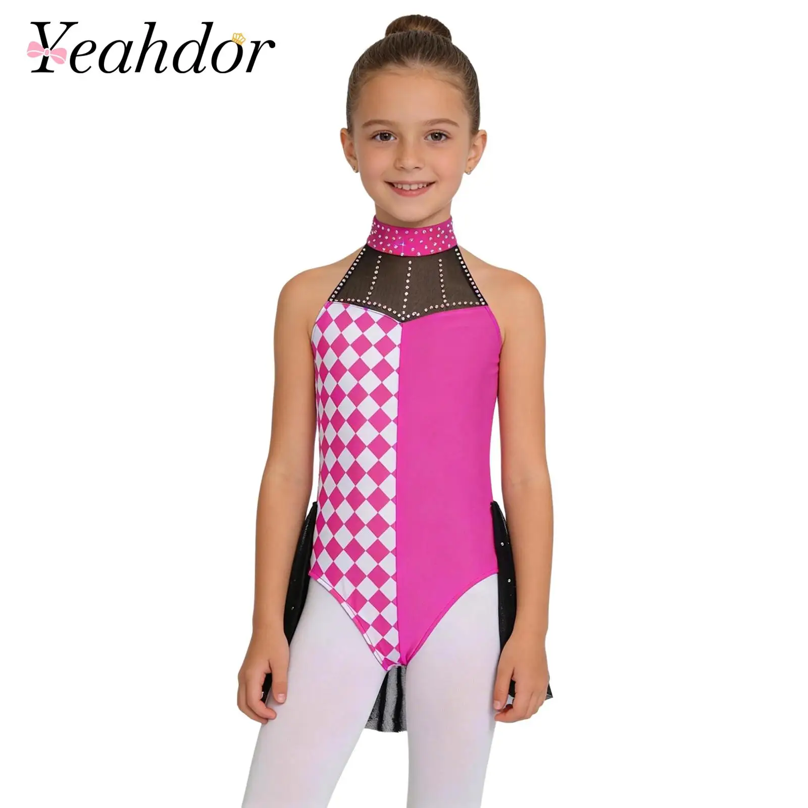 Kids Girls Halloween Clown Costume Patchwork Leotard Halter Sleeveless Backless Jumpsuit for Themed Party Cosplay Fancy Dress Up