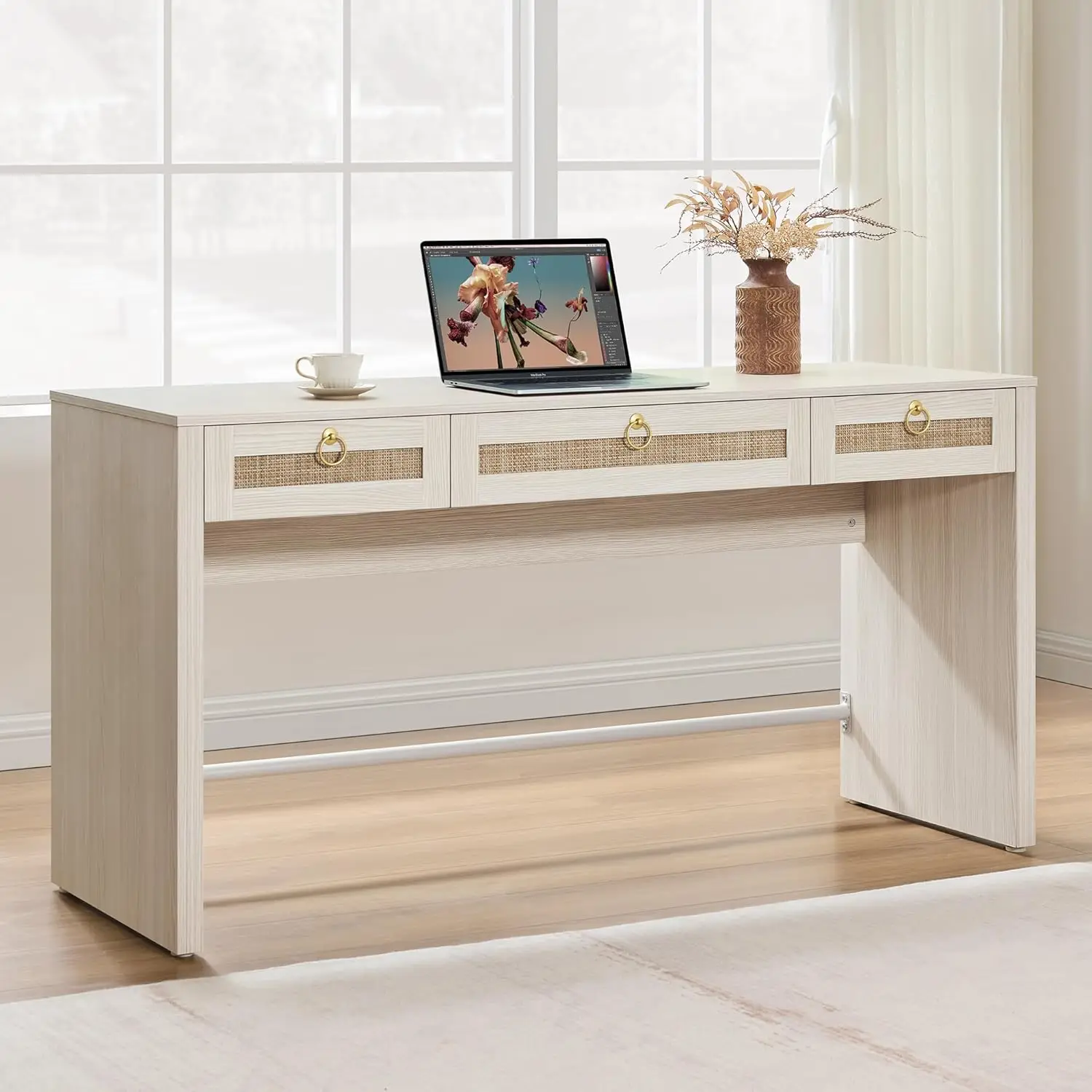 #60in Rattan Office Desk with 3 Drawers Storage Boho Computer Writing Table Study Home White Customized