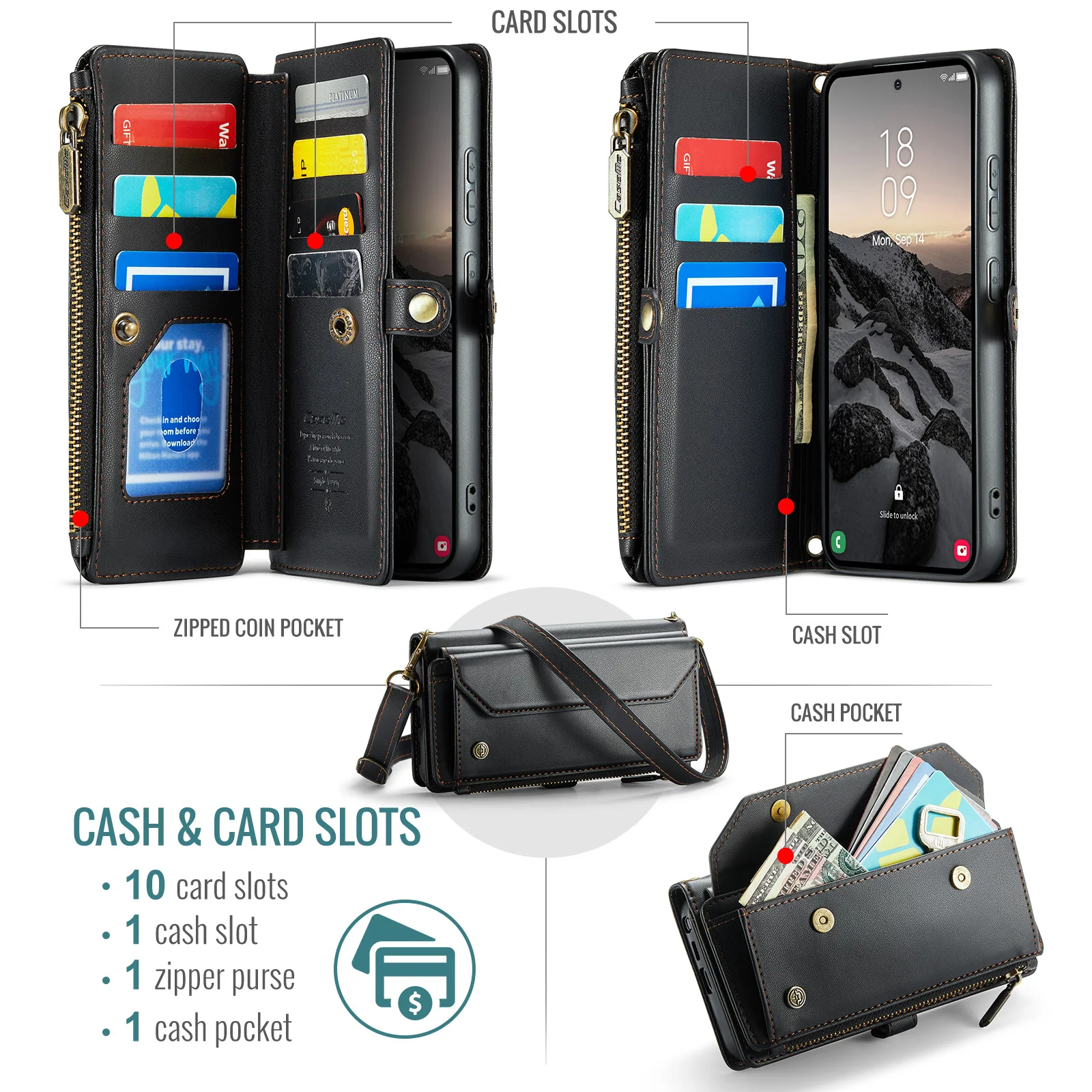 Caseme-C36 Wallet Case For Samsung Galaxy S26 S26Plus S26Ultra Multifunctional Zipper Card Case Money Bag Long+Short Strap Cover