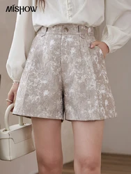 MISHOW Hoge taille jacquard shorts lente 2024, paleisstijl, metalen bloemvormige knopen, dunne retro a-lijn korte broek MXD15K0551