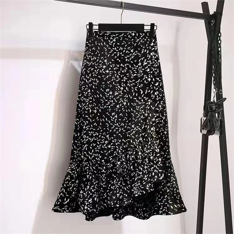 

2024 New Spring Summer Elegant Ruffle Asymmetrical Chiffon Floral Skirts, For Womens Clothing,Retro Fishtail Wrap Skirt, Girl