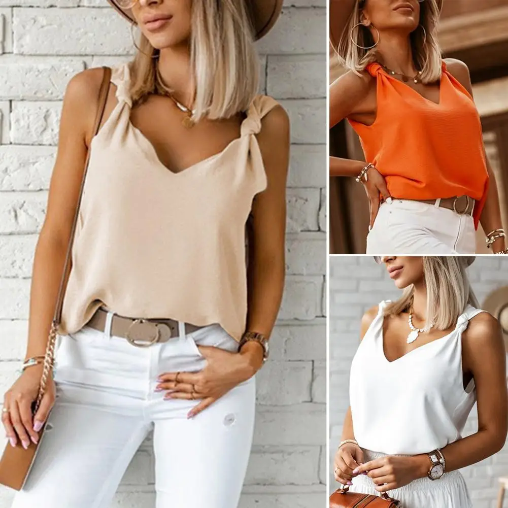 Women Vest Knotted Shoulder Straps Vest Chic Summer Tank Tops for Women Loose Fit V-neck Vest with Knotted Shoulder Straps