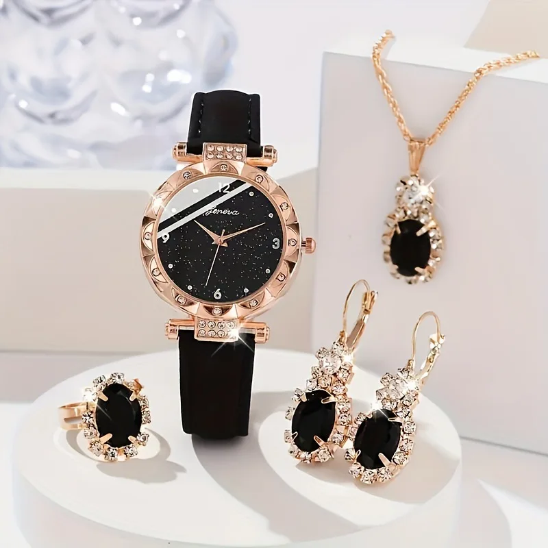 Women Fashion Diamond Studded Starry Sky Quartz Wristwatch Elegant Frosted Leather Strap Set Niche Light Luxury Trendy Watch