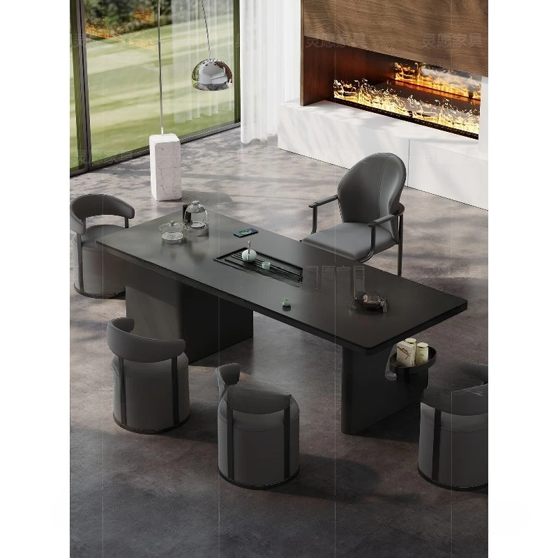 

Villa boss office integrated reception tea table light luxury modern high-end rock slab tea table and chair combination