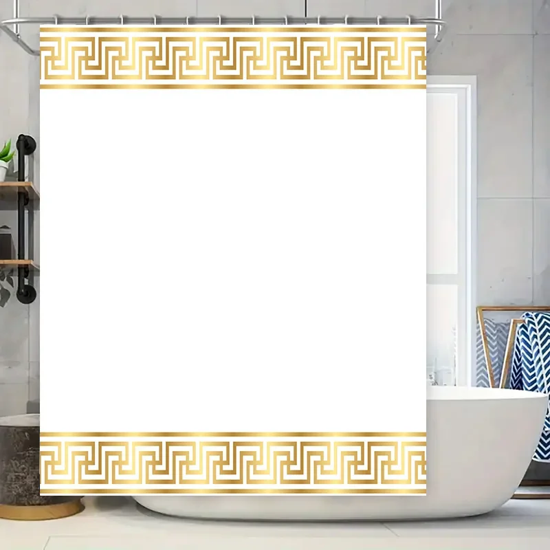 Gold Greek Key Shower Curtain: White with Gold Pattern Waterproof Bath Rug Liner for Bathroom Decor Modern Design Home Accessori