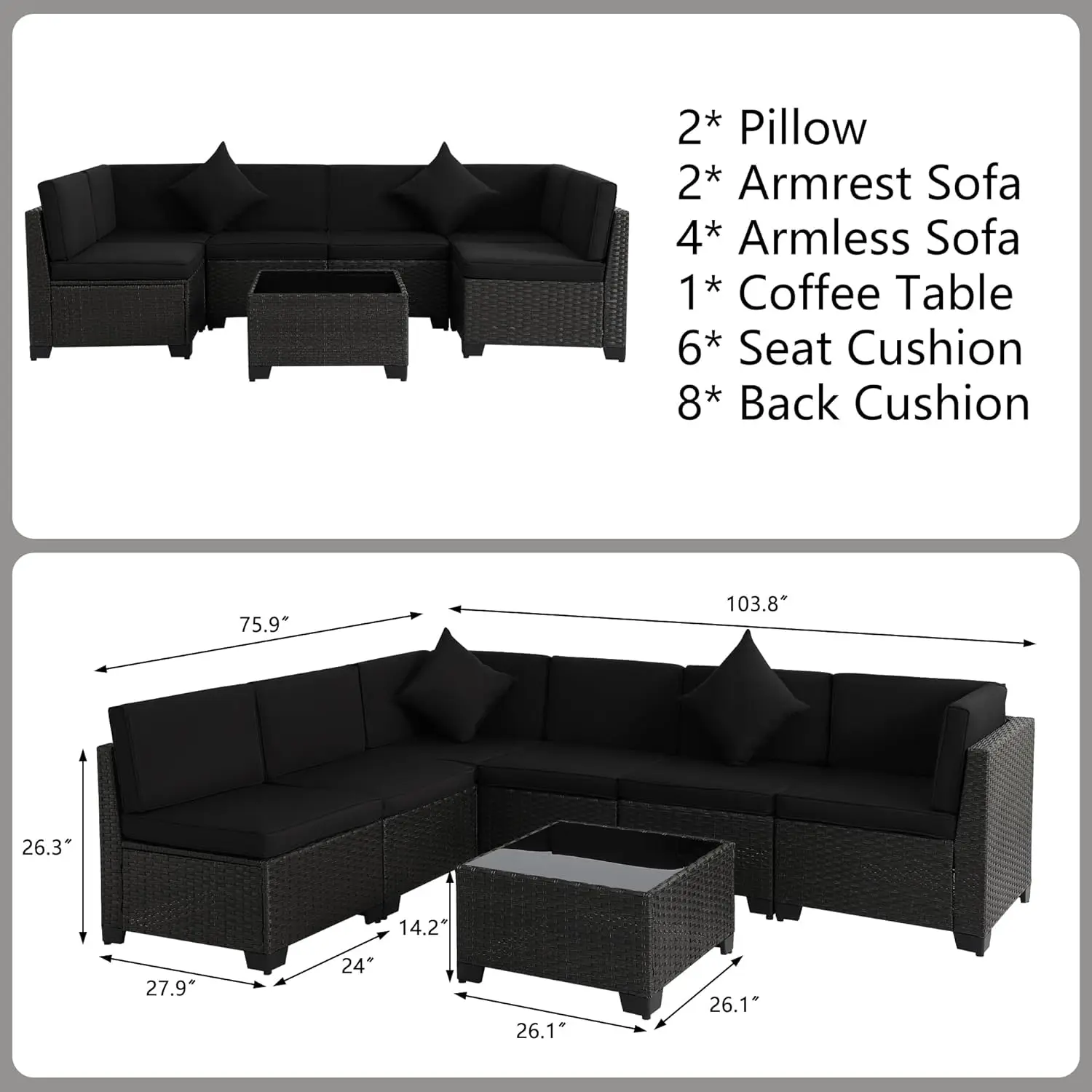 Outdoor Sectional Sofa, Wicker Patio Conversation Set, All-Weather PE Rattan Sectional Sofa with Cushions and Glass Coffee Table