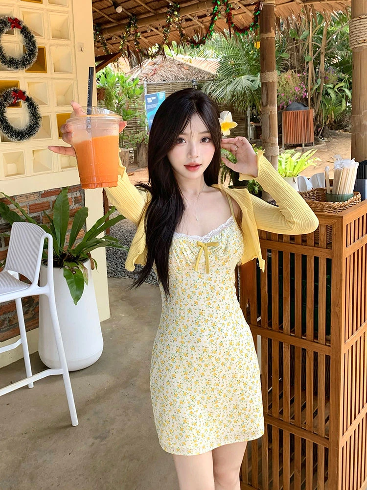 2024 Sweet Hot Girl Suit Women\'s Summer Slim Fit Floral Strap Dress Long Sleeve Cardigan Two-piece Set Fashion Female Clothes