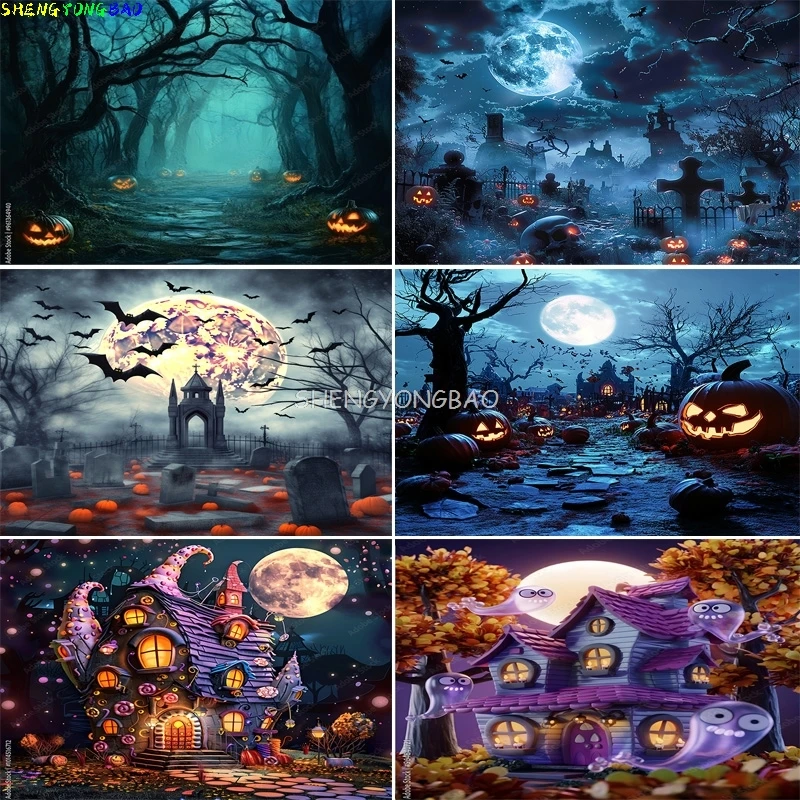 

Pumpkins Halloween Day Spooky Backdrop Props Lanterns Cobwebs Creepy Wicked Eerie Evil Scary Dark Night Forest Background VC-05