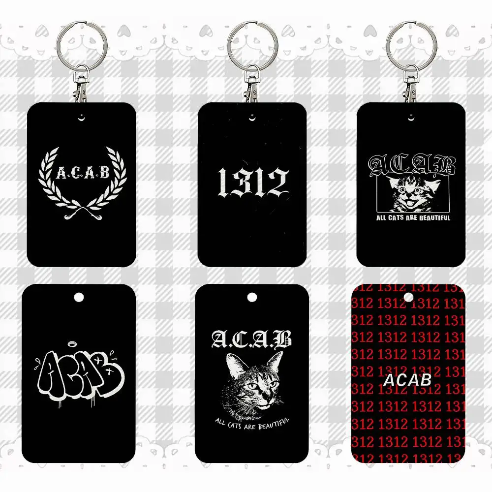A-Acab Cool Rectangle ID Card Case Keychain Access Card Bag Key Tag Ring Leather Card Holder Key Ring Access