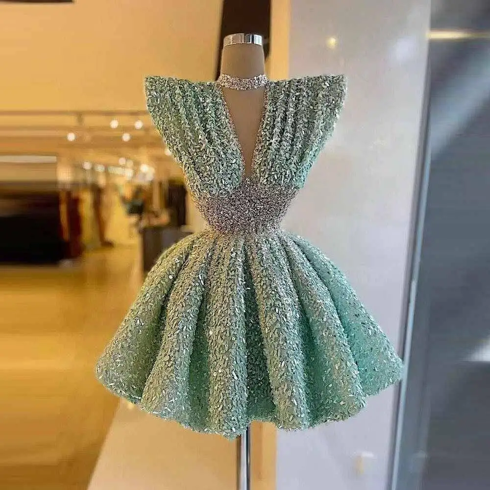 Glitter Short Mint Prom Dress robes de soirée Glitter Prom Dress Mini Pleated A Line Sleeveless Special Occasion Wear