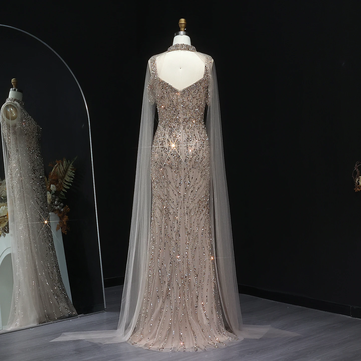 Sharon Said Arabic Mermaid Luxury Pink Evening Dress with Cape Sleeves Champagne Long Women Wedding Party Gowns SS033 Customized