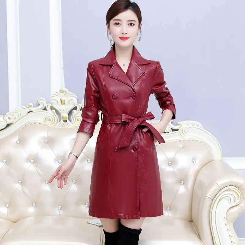 Autumn Winter Leather Jacket Women Big Size Double Breasted Leather Coat Women Long Trench Coat Belt 7Xl