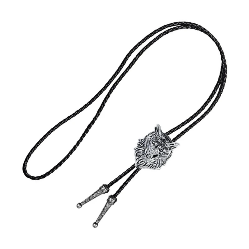 50JB Mens American Leather Rope Bolo Tie Necktie Metal Wolf Head Animal Cowboy Pendant Western Necklace Jewelry Shirt Chain