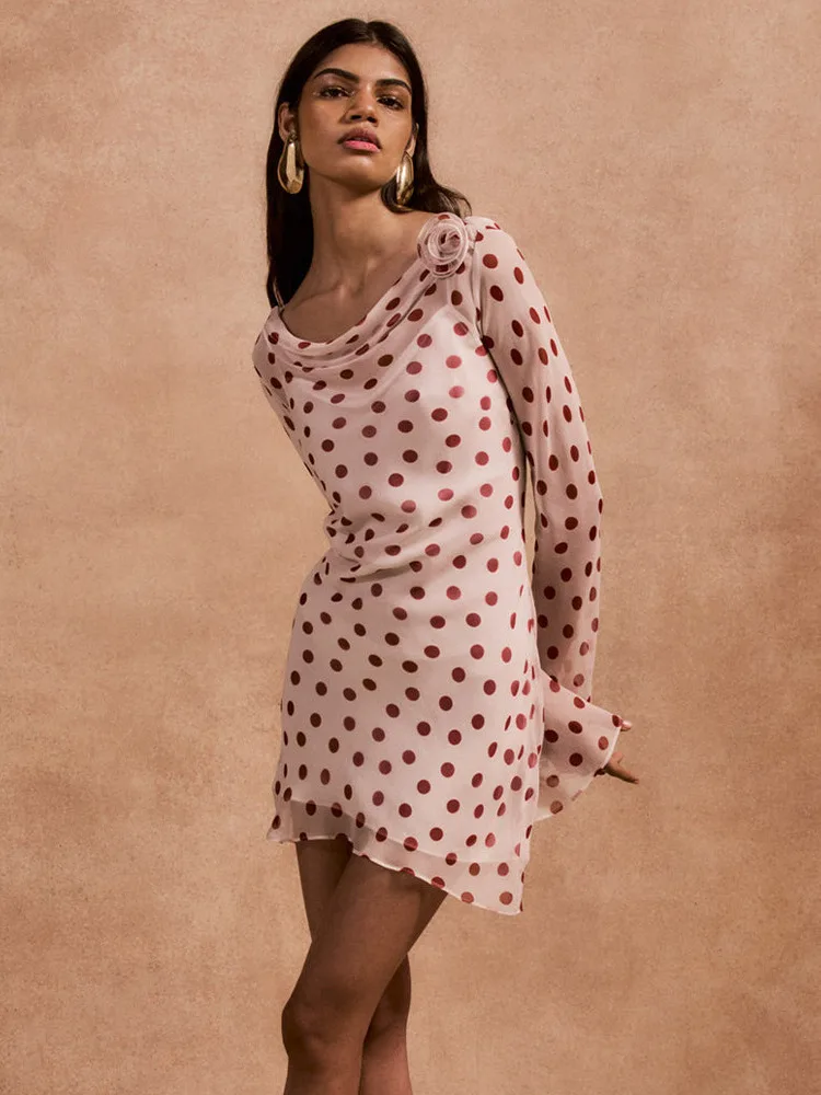 Absobe Dames Pure Chiffon Polka Dot Mini-jurk Swing Hals Lange Mouw Sexy Backless Stropdas Slanke Korte Jurk Y2K Partywear Outfit