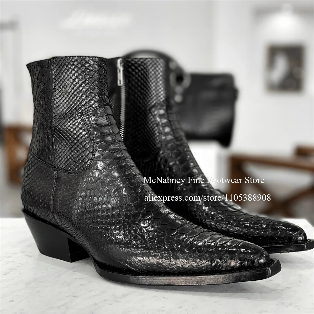 Black Snake Skin Chelsea Boots Handmade Pointed Toe Chunky Heel Ankle Boots Men Dress Shoes for Formal Streetwear Daily Wear