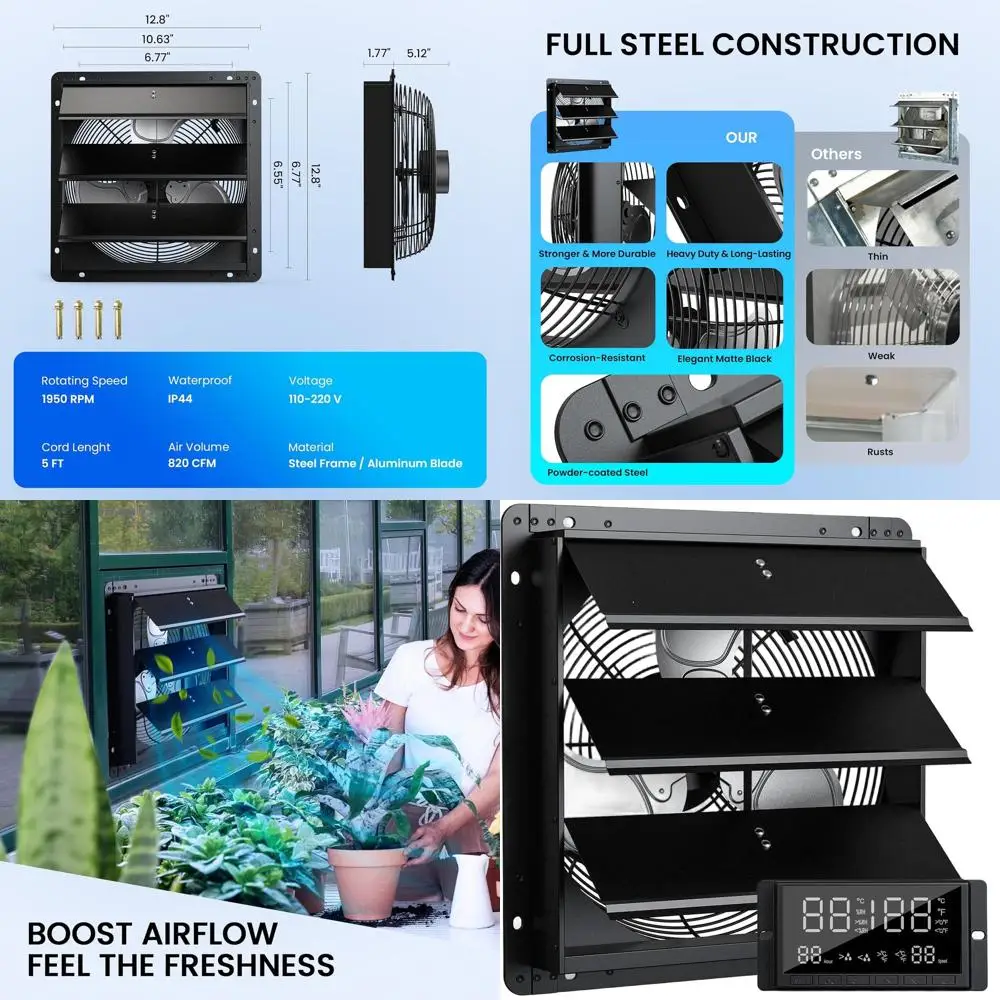 

10 Wall-Mounted Shutter Exhaust Fan with Thermostat and Humidity Control, 10-Speed Adjustable, 820 CFM, Automatic Shutter for At