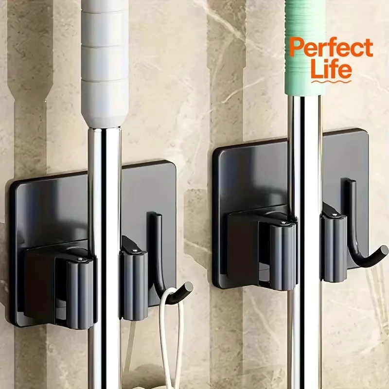 Premium Stainless Steel Drill-Free Mop Broom Holder, Multifunctional Wall Mounted Bathroom Hanging Rack