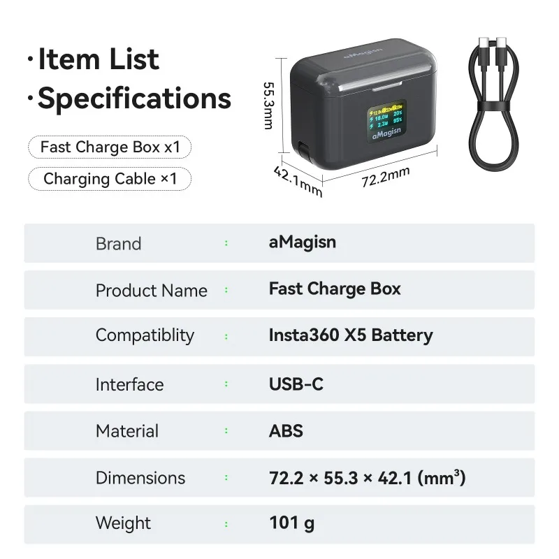 aMagisn Battery Fast Charging Case for Insta360 X5 with Screen Display Smart Charging Storage for Action Cameras Accessory