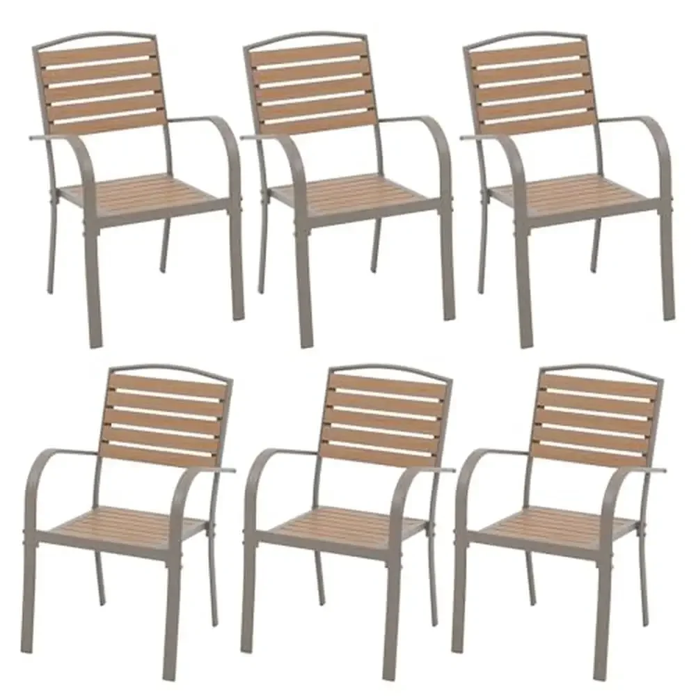 Outdoor Aluminum Dining Chairs Set of 6 Stackable Patio Bistro Armrest Faux Wood All-Weather Eco-Friendly Ergonomic Design Ideal