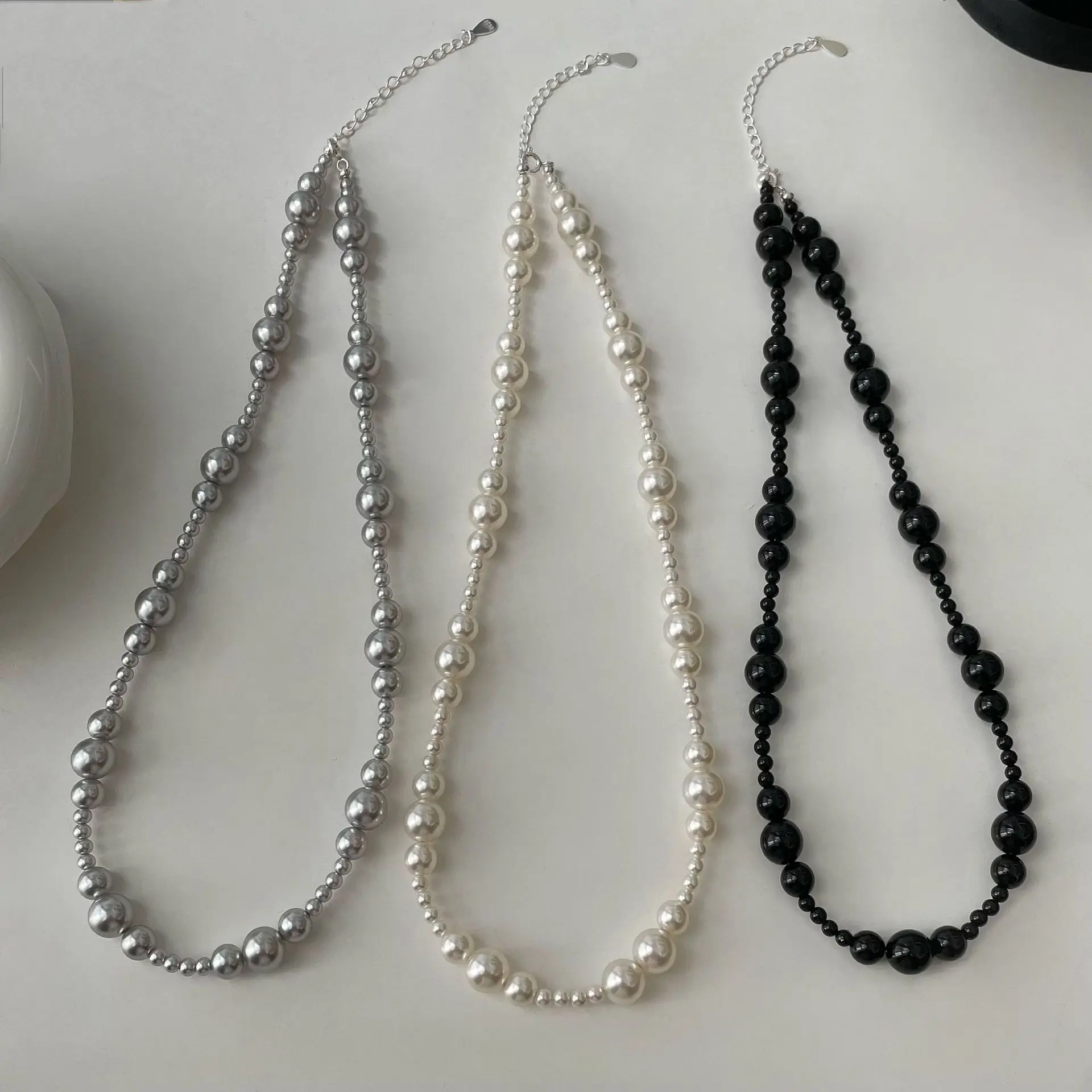 Nordic women's light luxury S925 pure silver black agate pearl irregular gradient bead necklace high-end collarbone chain
