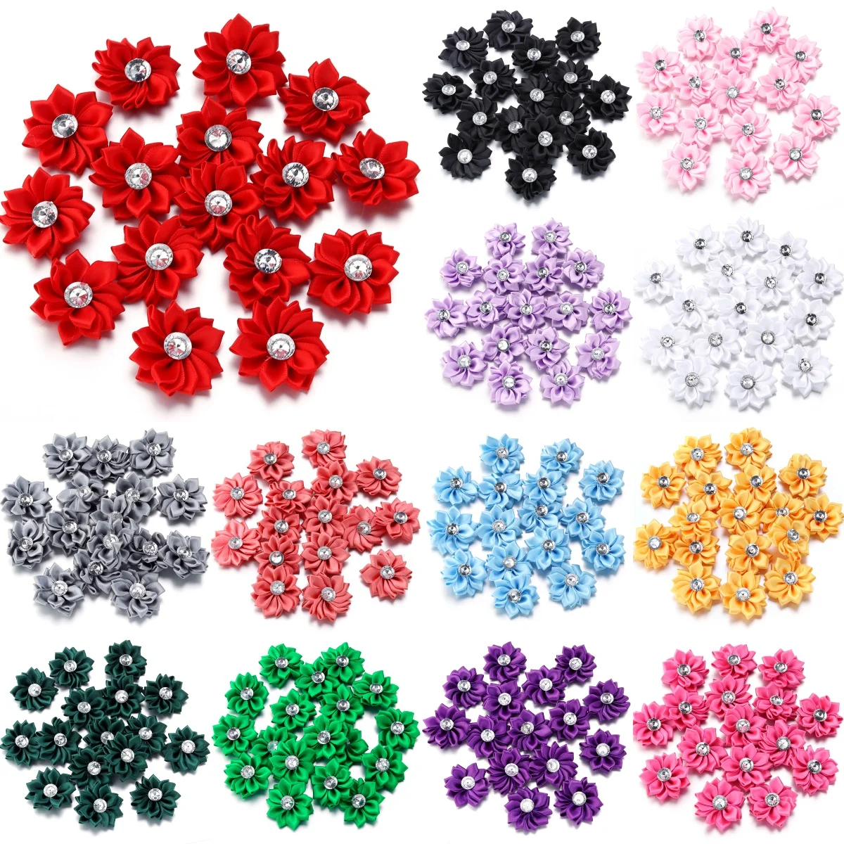 

20Pcs Mini Satin Ribbon Flowers 4cm Multicolor Rhinestones Handmade Flower for DIY Hair Clip Clothing Decoration Accessories