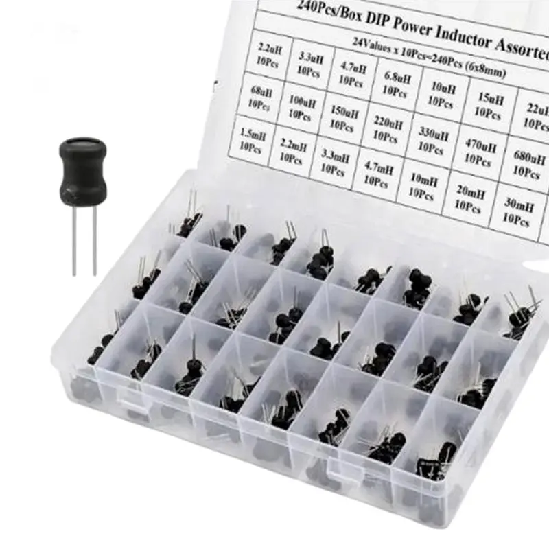 ABVG-Electronic Inductor Kit,240PCS, Copper Coil DIP Radial Choke 24 Values 2.2Uh-100Mh, Individual Storage Set Compartment