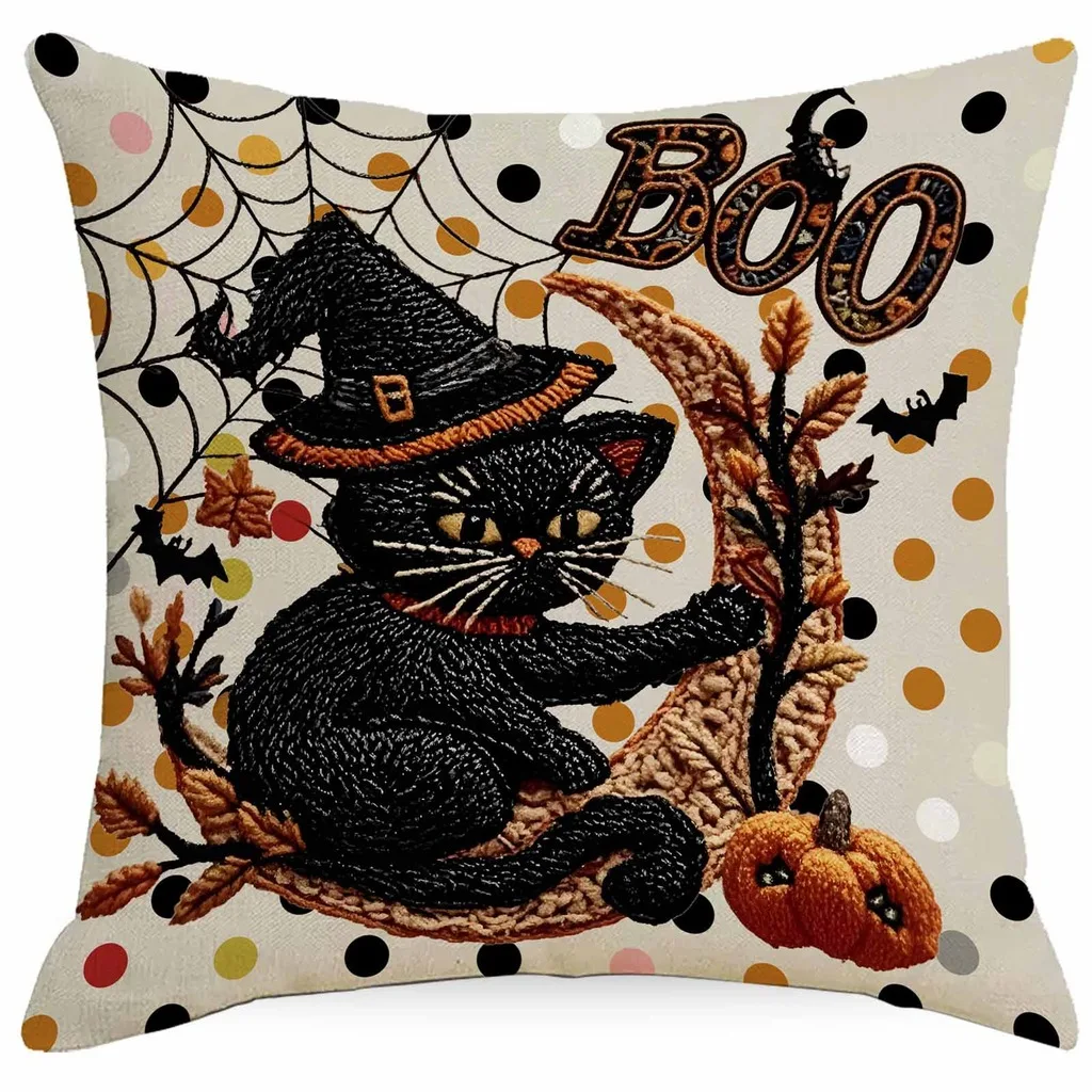 Halloween Cushion Cover Linen Faux Embroidery Print Throw Pillow Case Ghost Pumpkin Black Cat Holiday Home Sofa Decor