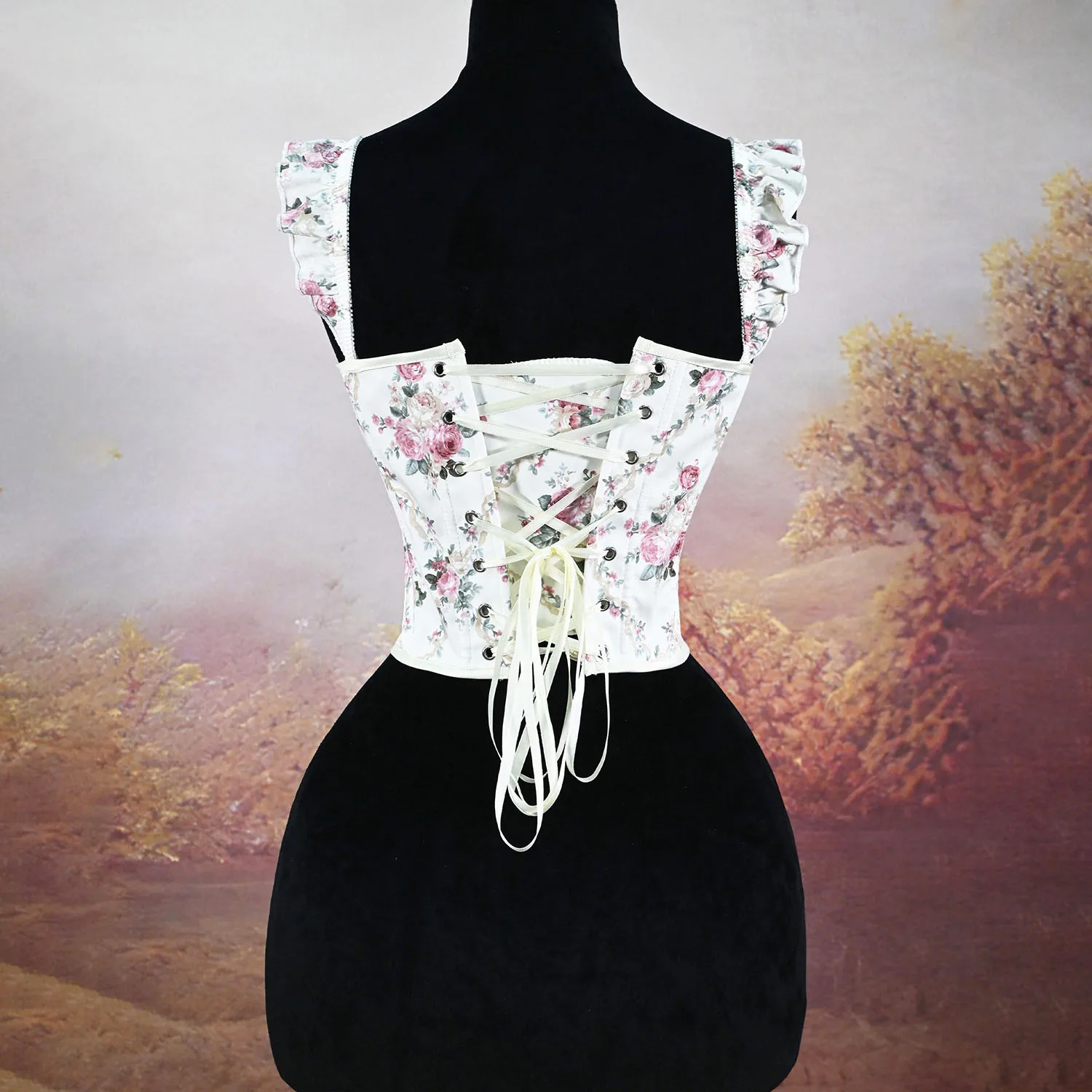 Sweet Floral Oil Painting Corset French Lace-Up Waist-Cinching Short Camisole Bustier - Outerwear Style