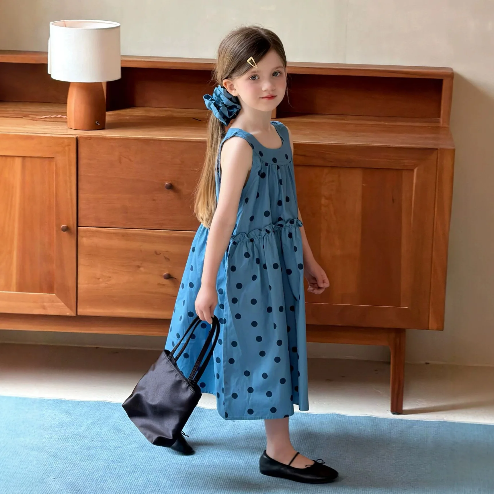 Girls' polka dot dress 2026 summer new style hanging neck vest cloth suspender princess dress