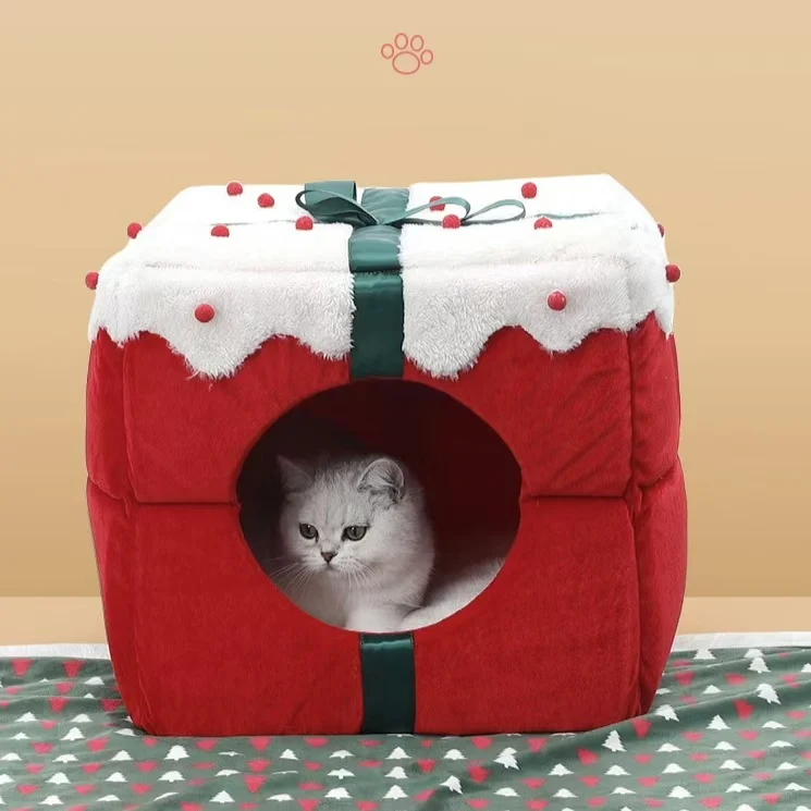 

New Closed Christmas Cat Nest Cute Gift Box Design Pet Bed Luxury Red Warm Dog Bed