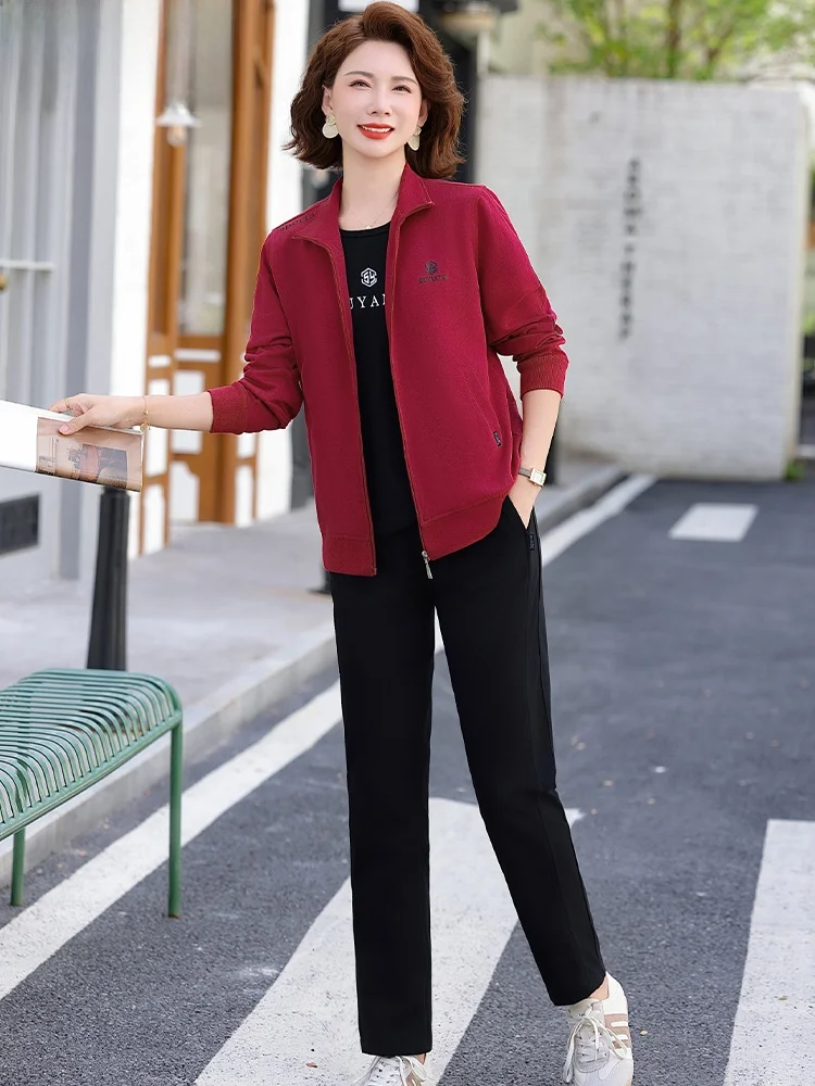 

Новый повседневный спортивный костюм для женщин среднего возраста: весенне-осенний комплект с курткой, широким топом и прямой брюкой на молнии.