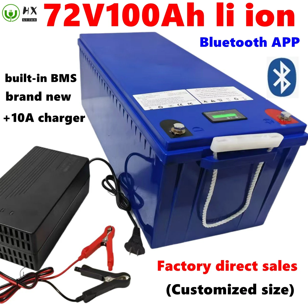 HX-Batterie lithium-ion 72V, 100Ah, Bluetooth BMS 5000/8000W, avec chargeur 10A, pour skateboard, vélo, scooter, golf cart,AGV