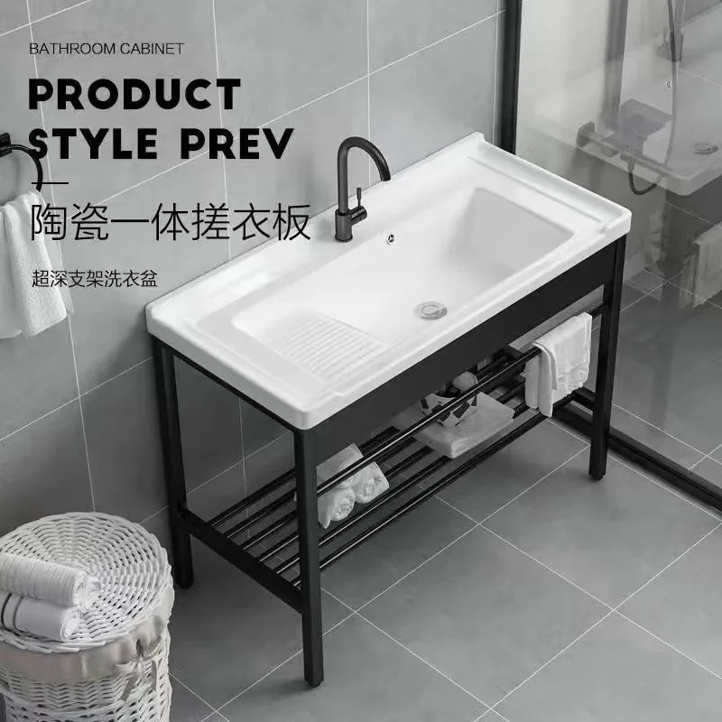 High Temp Ceramic Laundry Sink with Scrubbing Board, Integrated Basin for Balcony, Bathroom, Countertop Hand Wash Sink