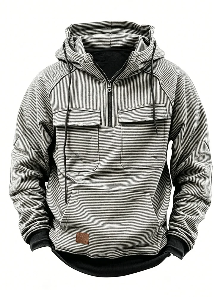 Men's Half Zip Up Hoodie Pinstripe Print Casual Loose Fit Long Sleeve Pullover Sweatshirt