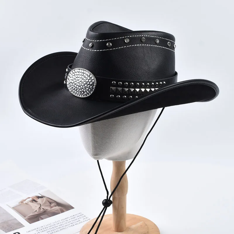 100% Leather Western Cowboy Hat Vintage Roll Brim Cowgirl Jazz Cap Gentleman Church Cap Sombrero Hombre