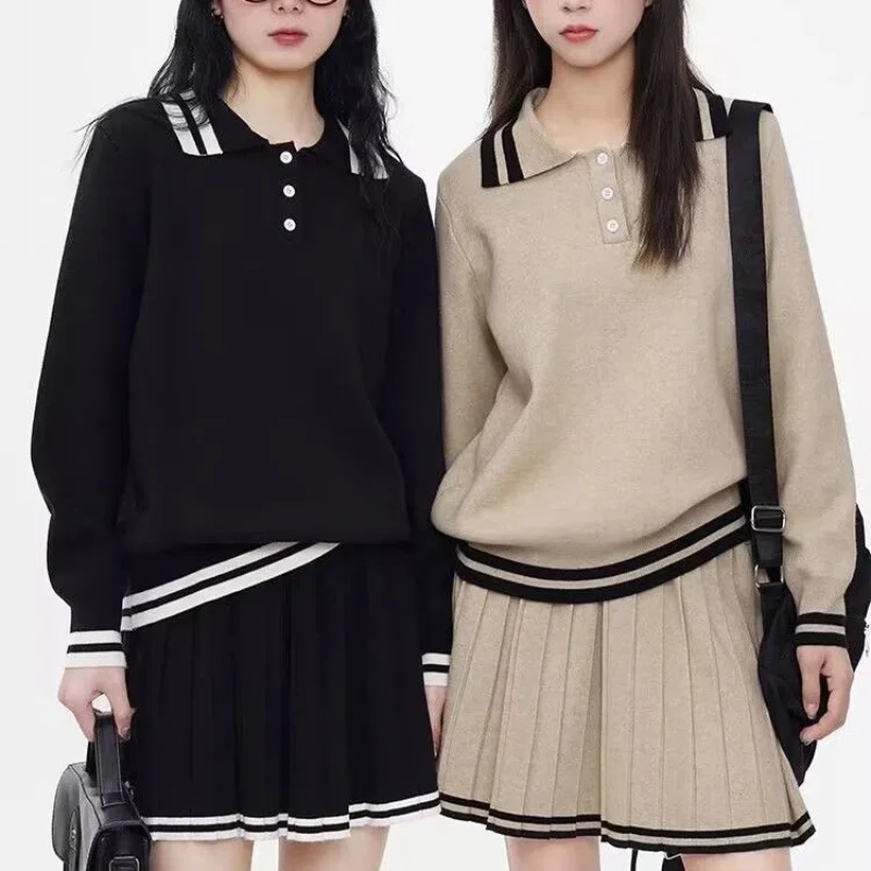 

Вязаный свитер с воротником-поло и длинными рукавами, женский осенне-зимний новый предмет, плиссированная короткая юбка до половины тела, комплект из двух предметов