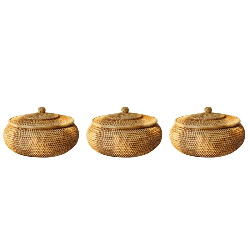 3X Round Rattan Box,Wicker Fruit Basket With Lid Bread Basket Tray Storage Basket Willow Woven Basket For Bread, Snack