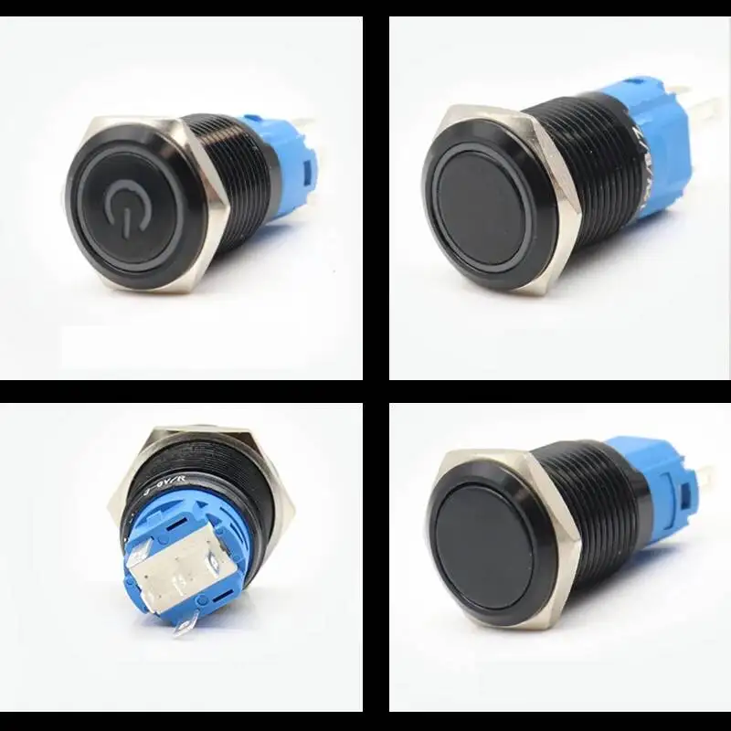 12/16/19/22mm bloqueio de travamento de reinicialização momentânea concha preta interruptor de botão de metal à prova d'água luz led plana redonda 6v 12v 220v