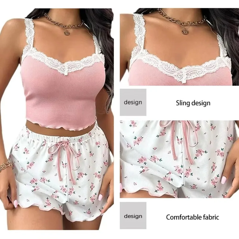 Ribbed Knitted Women's Two-Piece Thin Pajamas Lace Trimmed Camisole Vest Pajama Set Flower Print Bow Shorts Sling Shorts Summer