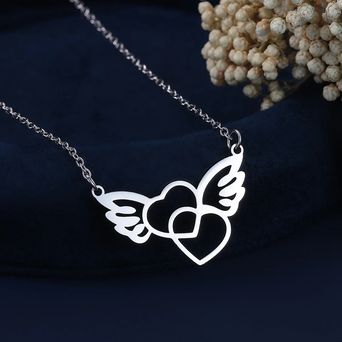 Chandler Stainless Steel Double Heart Angel Wings Charms Pendants Choker Chain Necklace For Women Men Jewelry Party Gifts