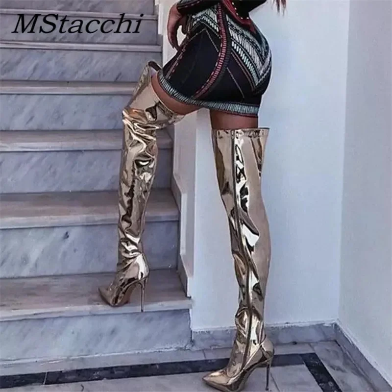 Mirror Women\'s Over-the-knee Boots Nightclub Stilettos Pointed Toe High Heels Boots Zipper-Sid Women High Knee Boots 2024