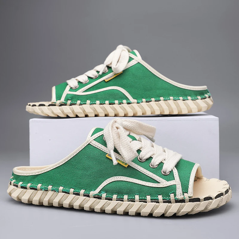 

Холщовые шлепанцы ручной работы для мужчин, модные тапочки для отдыха на открытом воздухе, Нескользящие, на толстой подошве, Молодежные Тапочки