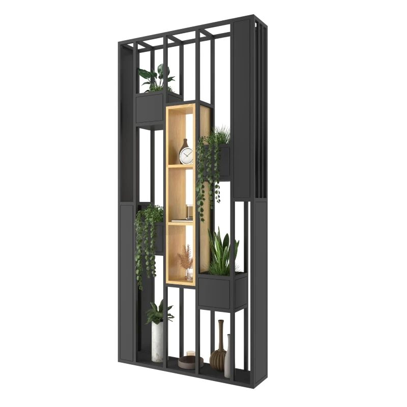 Office Partition,Nordic Living Room Plant Stand Partition Metal Wood Room Dividers Iron Storage Rack Office Partitions