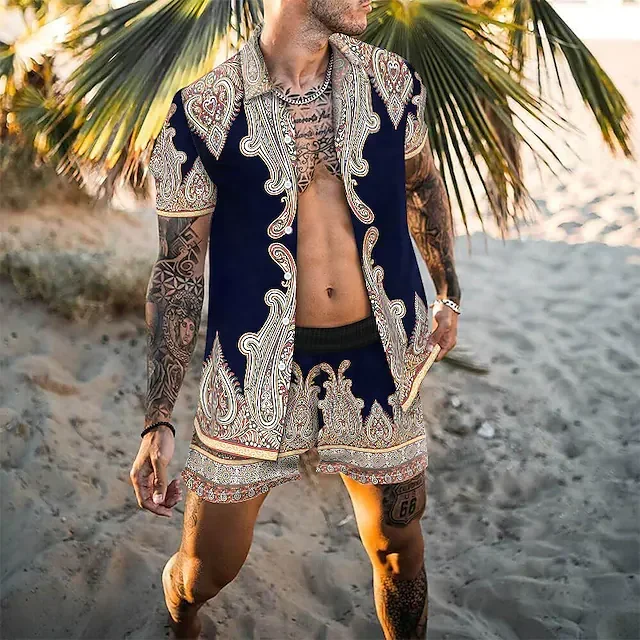 2025 Summer Men's Fashion Leopard Print Short Sleeve Hawaiian Shirt Set Beach Style T Shirt Breathable Shorts 2 Piece Set - Image 6
