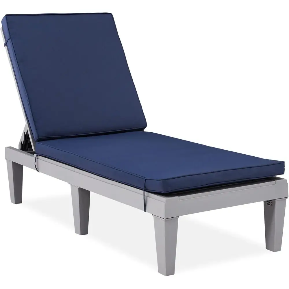 Outdoor Lounge Chair, Resin Patio Chaise Lounger or Poolside, Backyard, Porch w/Seat Cushion, Adjustable Backrest, 5 Positions,