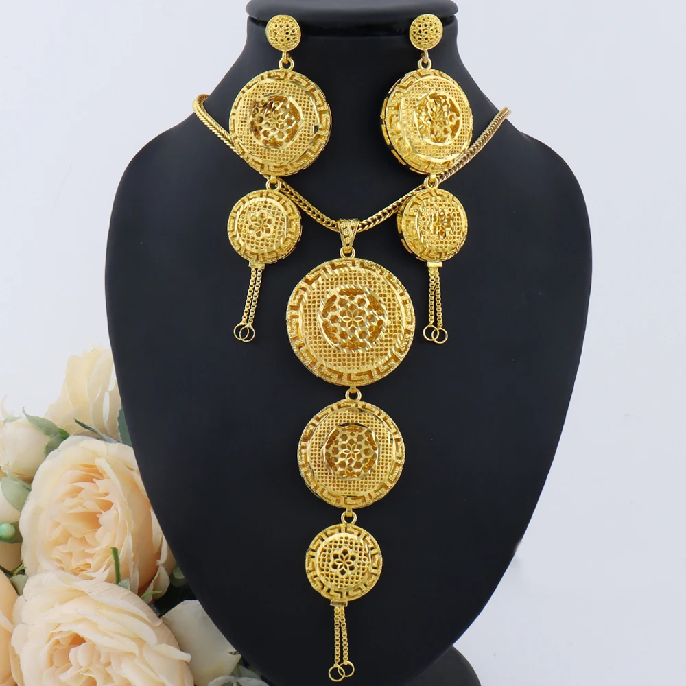 

Indian Gold Plated Flower Jewelry Set for Women Bridal Dubai Costume Stainless Steel Necklace Earrings Set For Wedding Party Gif
